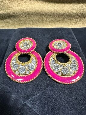 NOS Vtg Rhinestone & Barbie Pink Enamel Door Knocker Style Earring’s